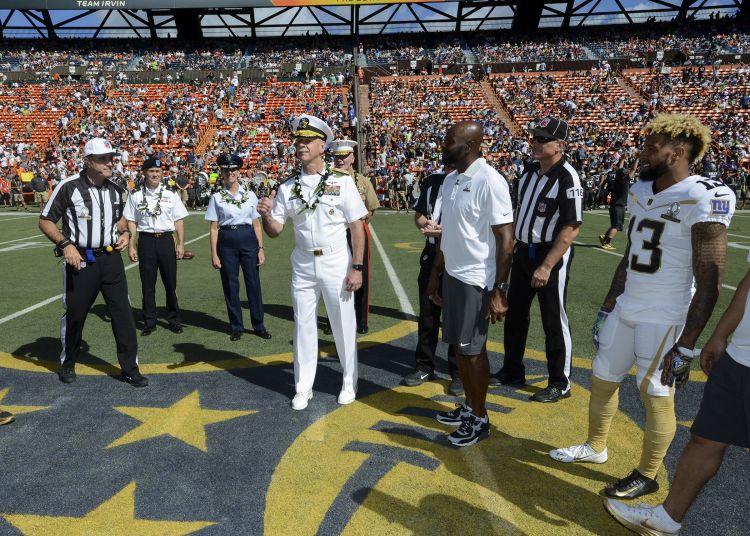 Odell Beckham - International Magazine Kreol Odell Beckham Jr (on far right) watching Adm. Scott Swift, commander of U.S Pacific Fleet, participating in the opening coin toss during the 2016 Pro Bowl at Aloha Stadium in Honolulu Jan. 31, 2016. Photo: Brian M. Wilbur , U.S. Navy Mass Communication Specialist 2nd Class