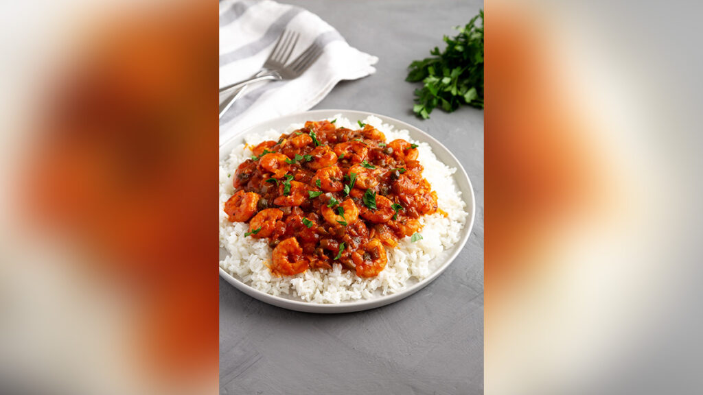 Cuban Shrimp Creole (Camarones Enchiladas) Served Over Rice