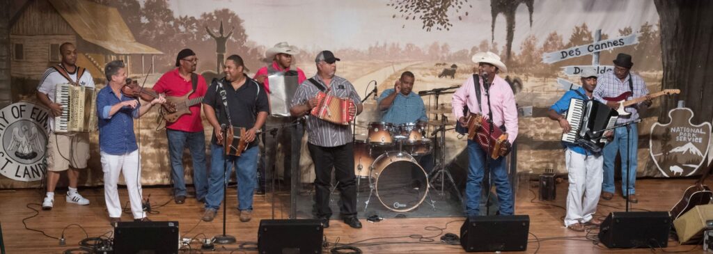 Creole Accordion Kings, Liberty Theater, June 24, 2017: Corey Ledet, Steve Riley, Popp Esprite, Dexter Ardoin, Demetric Thomas, Preston Frank, Germaine Jack, Geno Delafose, Curley Taylor, Dale Patrick Stelly. 2017 - International Magazine Kreol Preston Frank