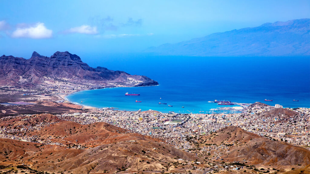 Bay and town of Mindelo, Island Sao Vicente, Cape Verde, Cabo Verde, Africa.
