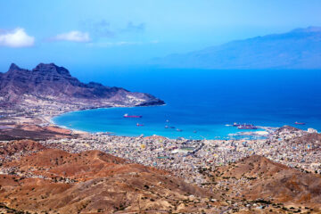 Bay and town of Mindelo, Island Sao Vicente, Cape Verde, Cabo Verde, Africa.