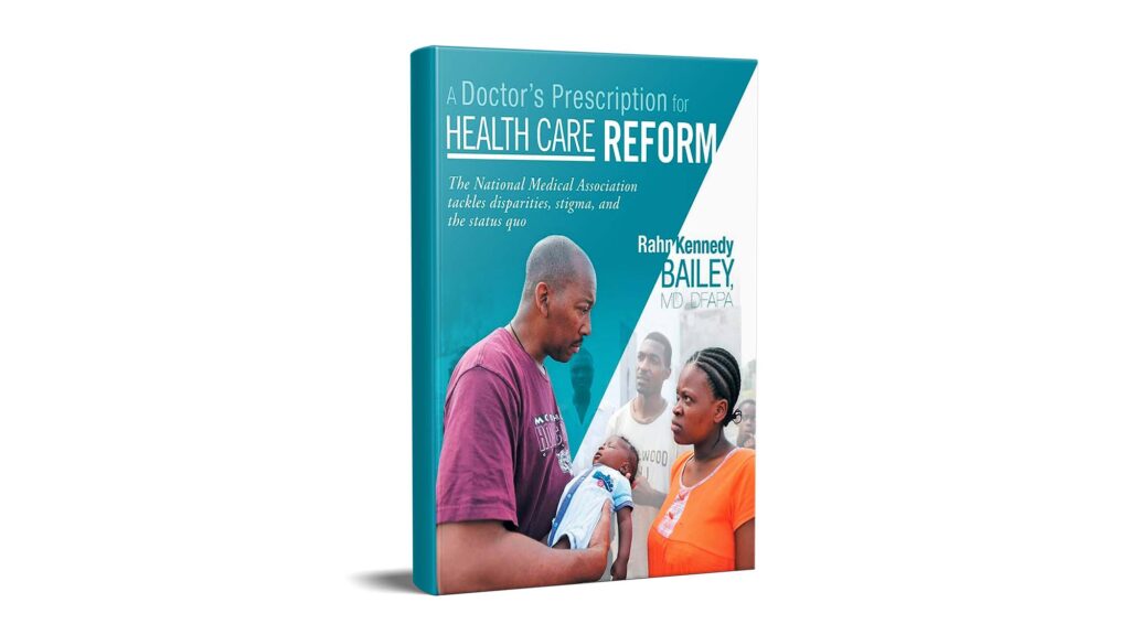 Book cover: 'A Doctor's Prescription for Health Care Reform' with a teal design, showing a man and a woman with a baby.