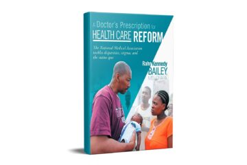 Book cover: 'A Doctor's Prescription for Health Care Reform' with a teal design, showing a man and a woman with a baby.