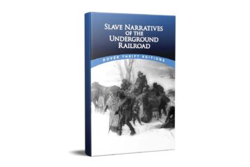 Book cover titled 'Slave Narratives of the Underground Railroad' on a blue gradient background with a grayscale historical illustration along the bottom edge (Dover Thrift Editions).