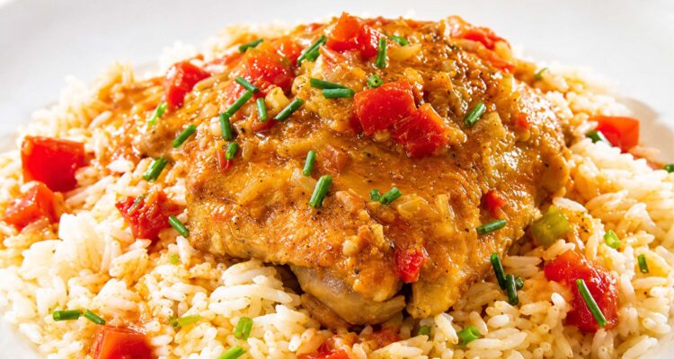 2000x1125 - International Magazine Kreol Pork chop resting on a bed of seasoned rice with red peppers, garnished with chopped chives.