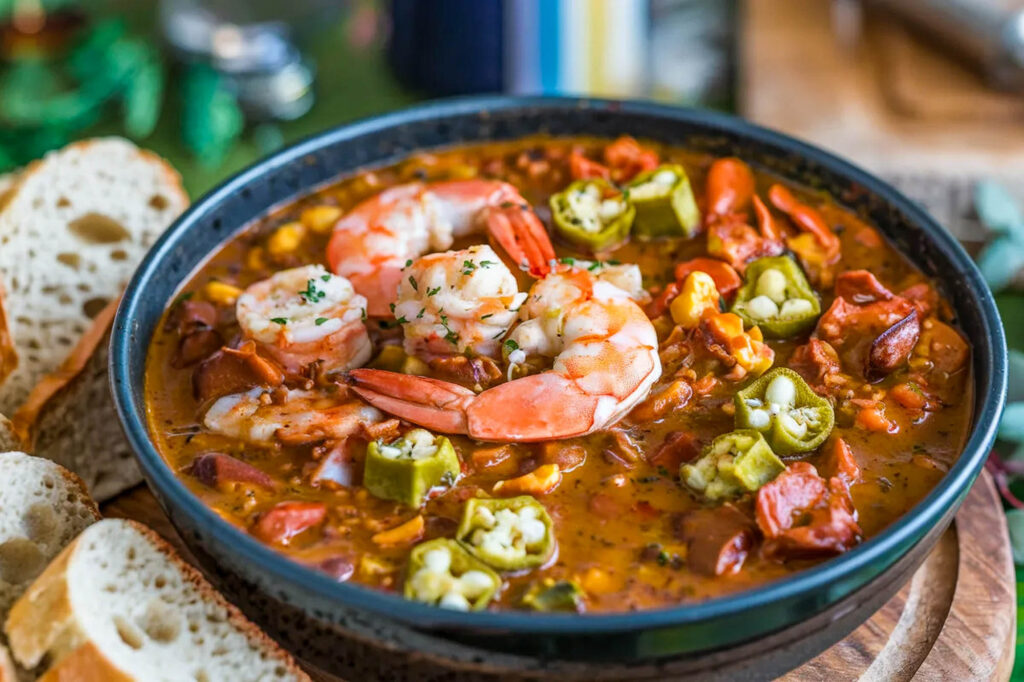 SeafoodGumboLouisianaCajunStewOfShrimpOkraAnd - International Magazine Kreol Seafood stew with shrimp, okra, corn, and vegetables in a pot, with slices of bread nearby on a wooden table.