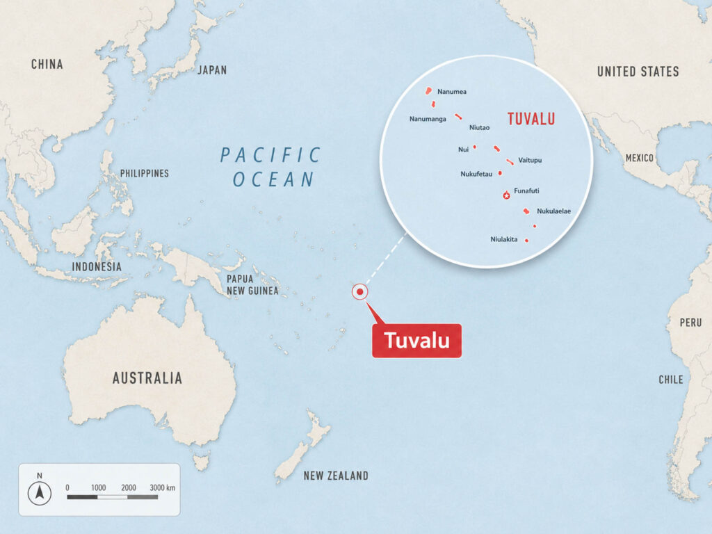 Map inset focusing on Tuvalu in the central Pacific, showing island names inside a white circular magnifier - International Magazine Kreol Map inset focusing on Tuvalu in the central Pacific, showing island names inside a white circular magnifier