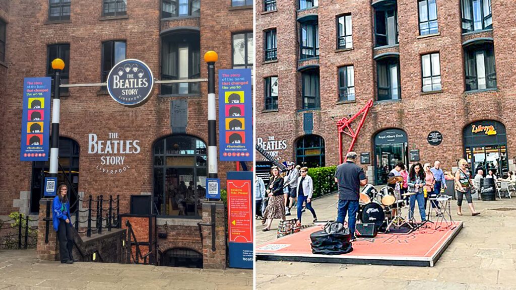 Beatles - International Magazine Kreol Split image: left shows The Beatles Story Liverpool entrance with blue banners; right shows a lively street scene with people and a red sculpture near brick buildings.