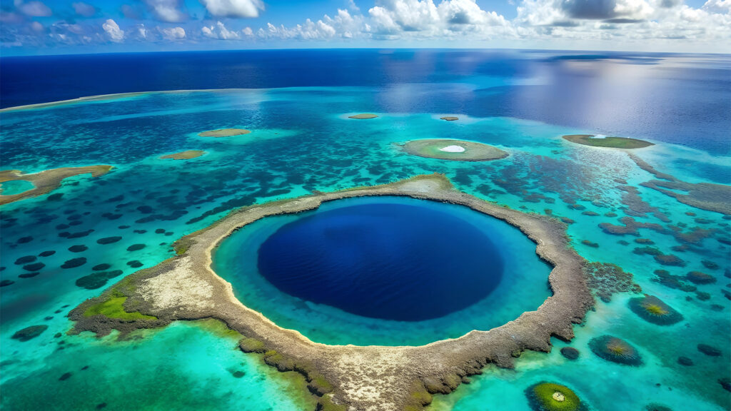 Belize - International Magazine Kreol Aerial view of a deep circular blue lagoon surrounded by turquoise shallow water and coral reefs.