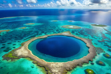 Aerial view of a deep circular blue lagoon surrounded by turquoise shallow water and coral reefs.