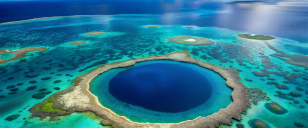 Aerial view of a deep circular blue lagoon surrounded by turquoise shallow water and coral reefs.