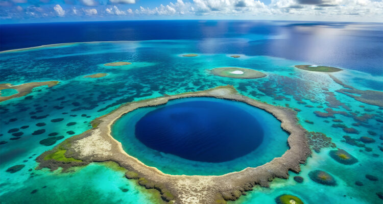 Belize - International Magazine Kreol Aerial view of a deep circular blue lagoon surrounded by turquoise shallow water and coral reefs.