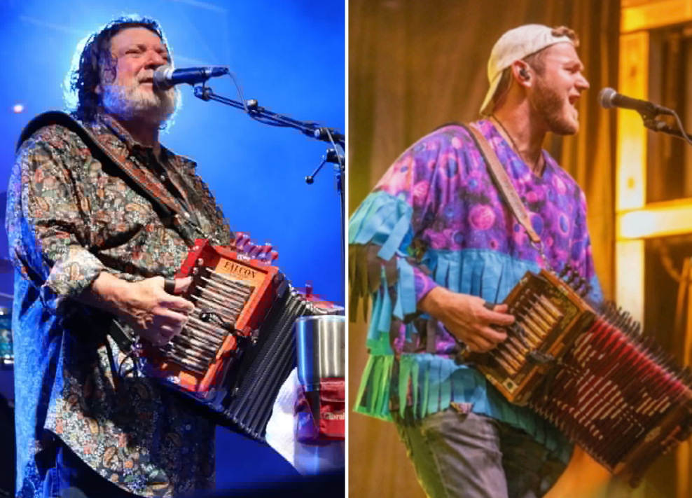 image - International Magazine Kreol Two photos of a bearded male musician playing an accordion on stage; the left image has blue lighting and a patterned shirt, the right image shows a colorful fringed shirt and a cap with warm stage lighting.