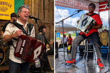 Two musicians playing accordions on stage at a Mardi Gras festival; left: smiling man in beige shirt with red accordion in front of a Courville Mardi Gras banner, right: energetic man in red shirt and sunglasses with a white accordion under a tent.