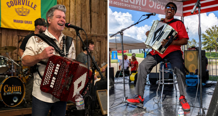 image-3 - International Magazine Kreol Two musicians playing accordions on stage at a Mardi Gras festival; left: smiling man in beige shirt with red accordion in front of a Courville Mardi Gras banner, right: energetic man in red shirt and sunglasses with a white accordion under a tent.