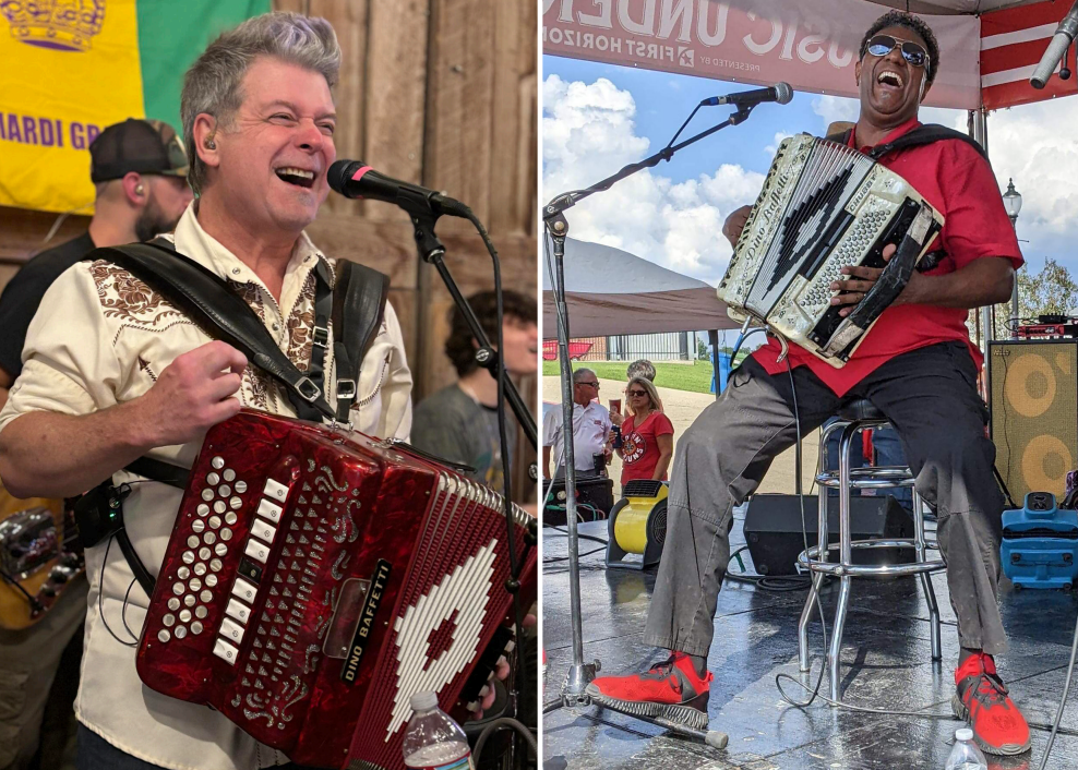 image - International Magazine Kreol Two accordion players performing at a live outdoor show: the left musician smiles while playing a red accordion; the right musician, wearing a red shirt and sunglasses, plays a larger accordion on stage.