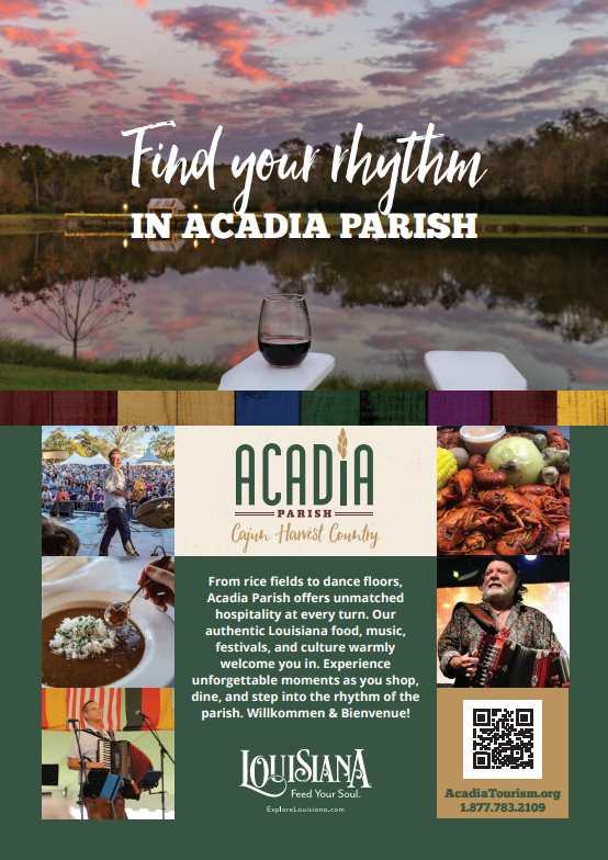 image - International Magazine Kreol Promotional collage for Acadia Parish tourism featuring a sunset lake scene with a wine glass and images of Cajun culture.